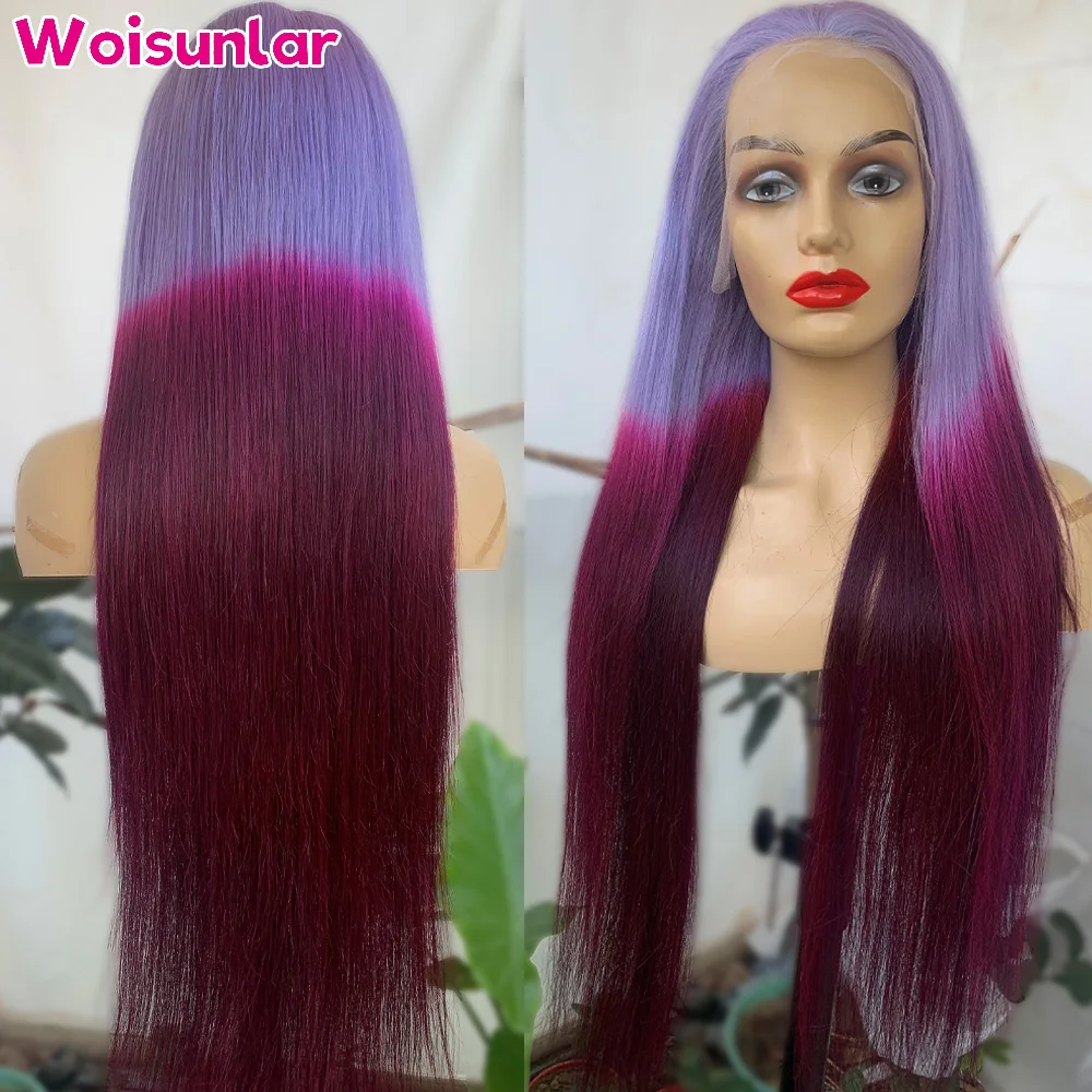 

36 дюймов Ombre Фиолетовый и Темно-Фиолетовый Парики Фронта Шнурка Человеческие Волосы 13x4 Прозрачный Кружевной Прямой 200% Черный Женский Парик Человеческих Волос