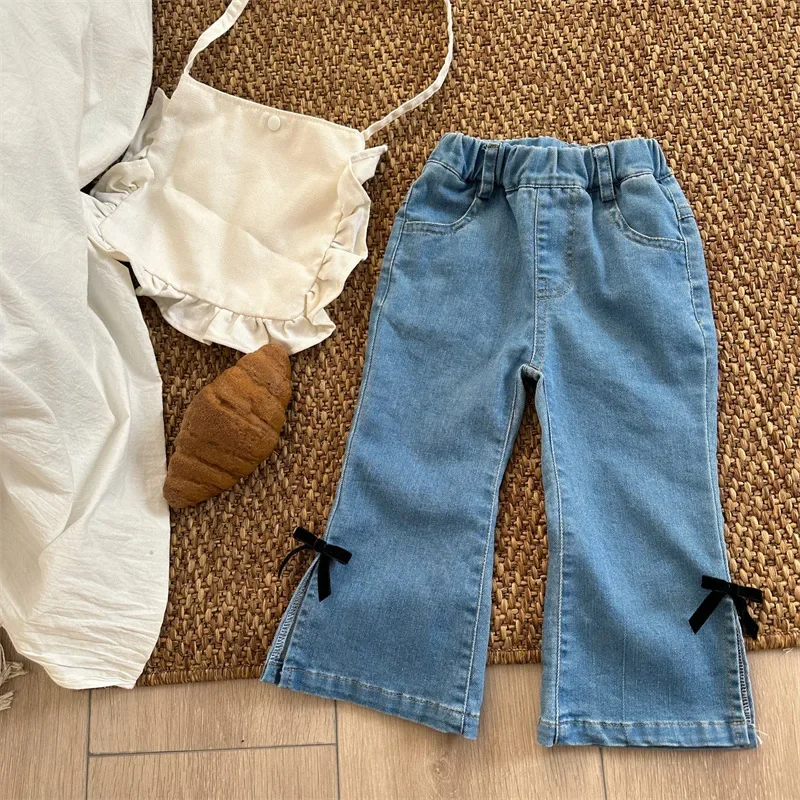 

2024 New Spring Baby Girls Flared Jeans Bowknots Korean Style Children Denim Pants Toddlers Kids Elastic Trousers