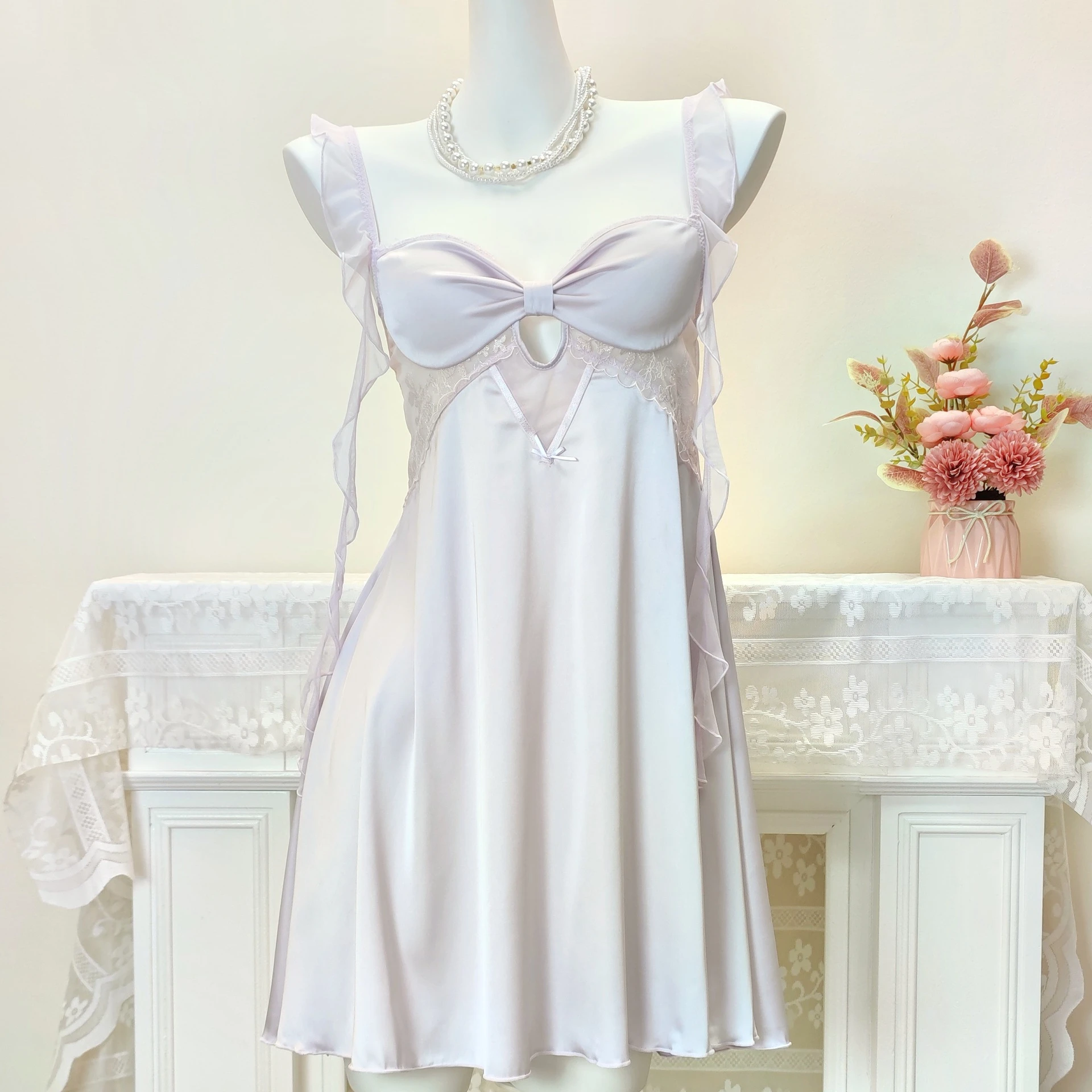 Sweet Ruffles Strap Nightdress Women French Court Style Satin Silky Nightwear Elegant Night Dress Woman Sleeveless Babydooll 3