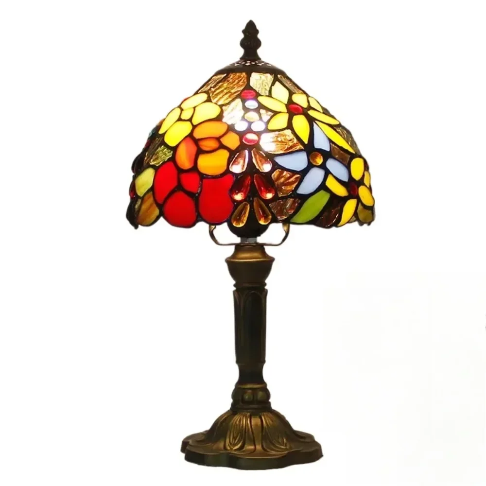 

Dia20cm Tiffany Stained Glass Rose Flower Lampshade Table Lamp American Living Room Bedroom Night Light Bedside Reading Lamp