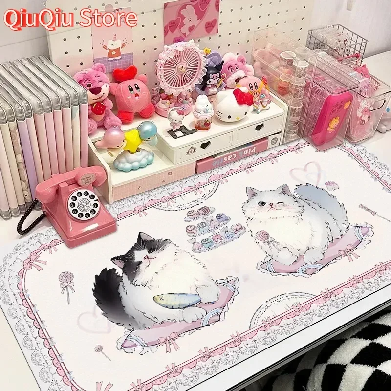 

Original Little Foodie Cat PU Leather Desk Mat | Pink Waterproof XXL Mouse Pad for Pet Dining, Study & Kawaii Desktop Decor