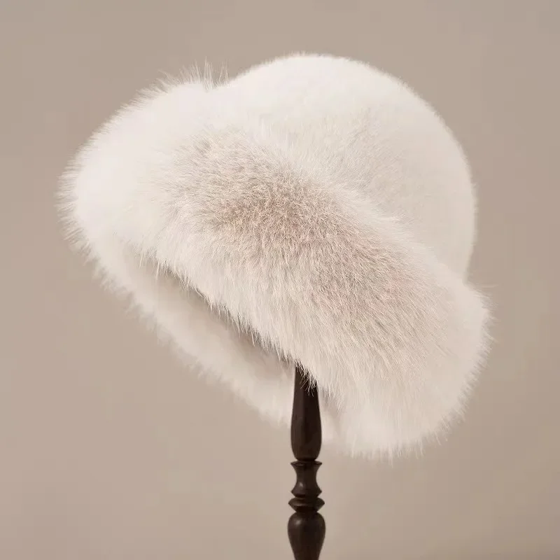 

Winter Hat for Women Faux Fur Fluffy Bucket Hat for Women Luxury Plush Thicken Snow Fur Bucket Hat Soft Panama Cap