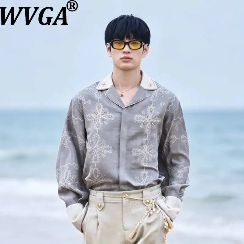 WVGA Spring Autumn New Men Vintage Cuban Collar Handmade Beaded Long Sleeve Shirt French Resort Style Niche Chic Tops Ins W25853