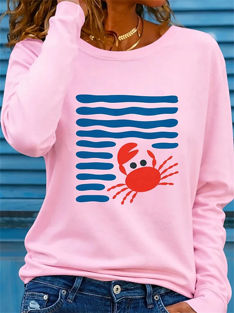 Women's Autumn Crew-Neck Long-Sleeve T-Shirt Red Crab Blue Stripe Print Outdoor Street Style Simple Stylish Casual Top