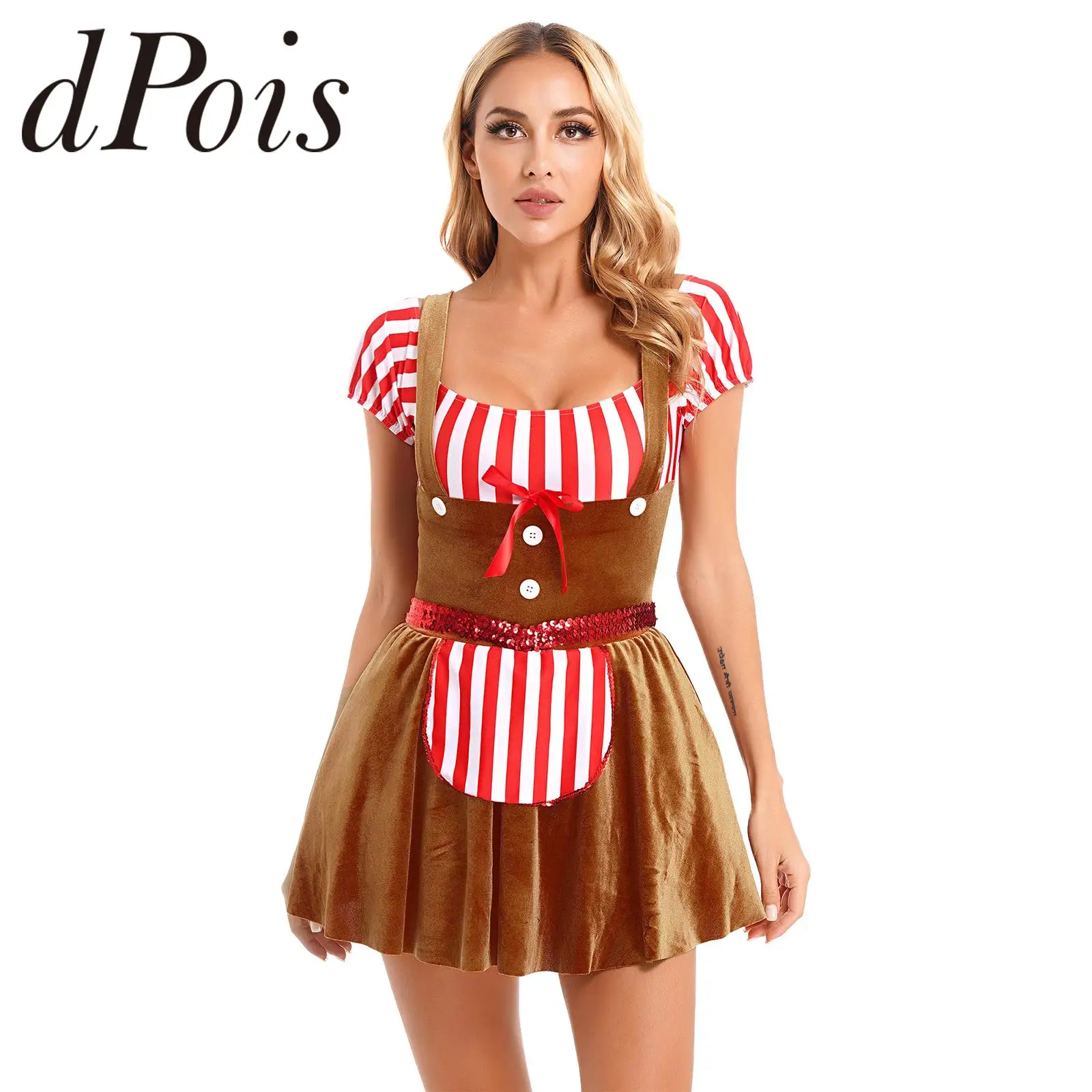 Womens Christmas Dress Role Play Costume Stripe Patchwork Velvet Fancy Dress Cosplay Carnival Holiday Xmas Dresses New Year Gift