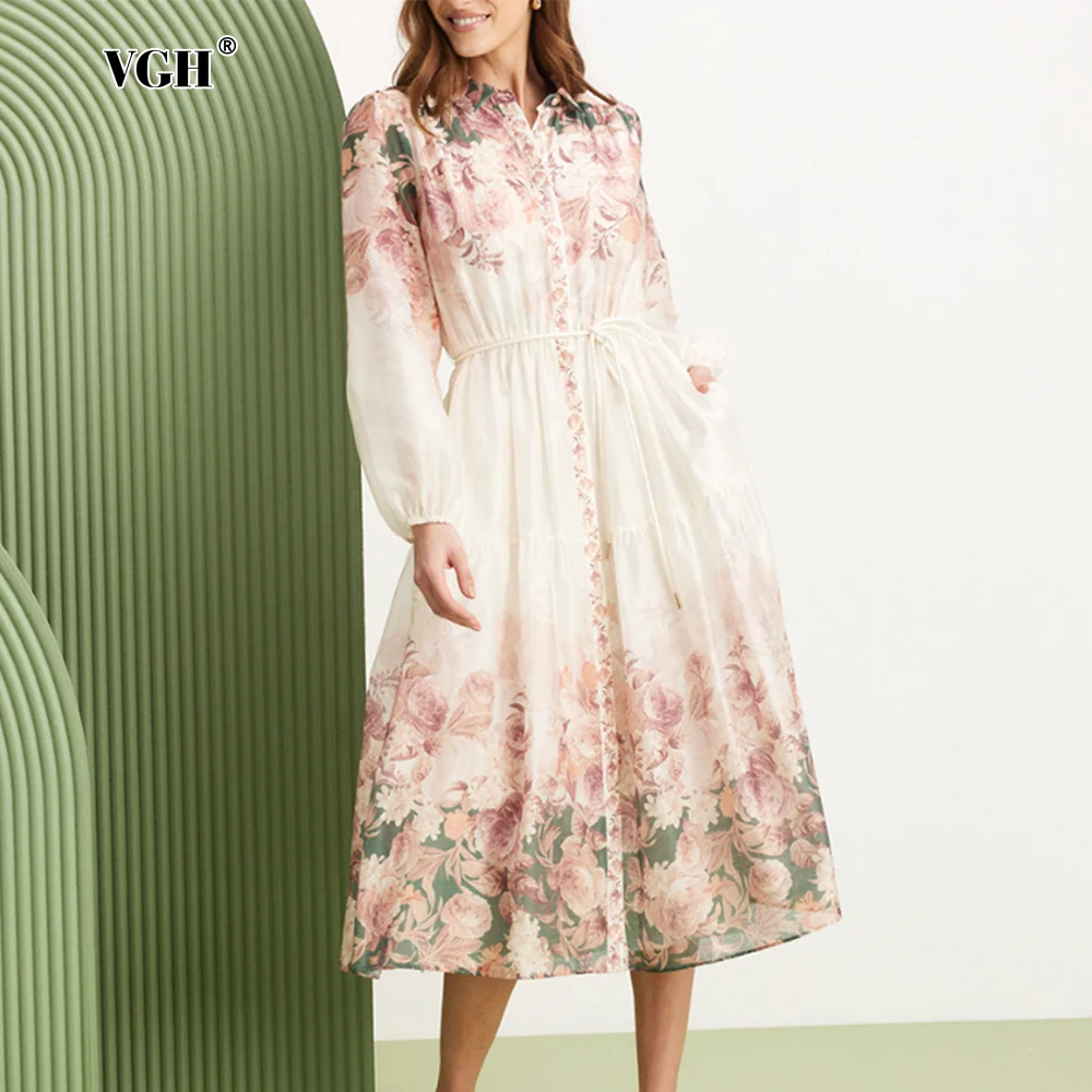 

VGH Floral Printing Elegant Long Dresses For Women Lapel Lantern Sleeve High Waist Spliced Lace Up Colorblack Dress Female New