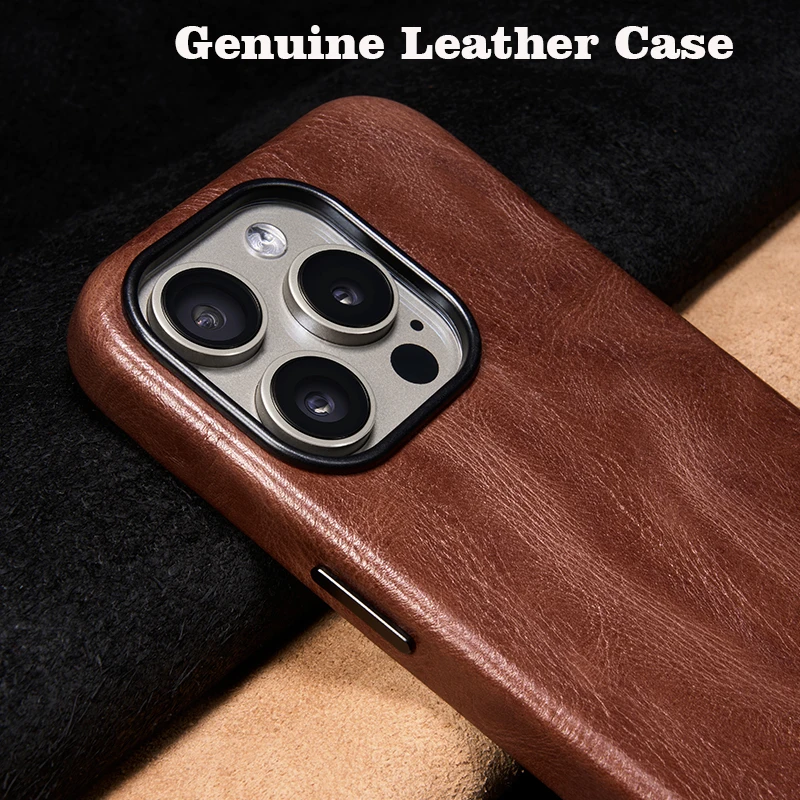 Genuine Leather Case for iPhone 15 Pro Max Vintage Real Skin Luxury Phone Back Cover for iPhone 15 Pro Business Men