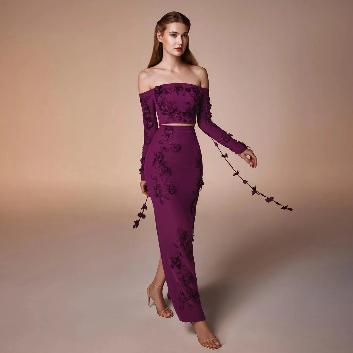 Elegant Off the Shoulder Two Piece Evening Dress Long Sleeves Open Back Straight Ankle Length Slit with Applique Party Gowns
