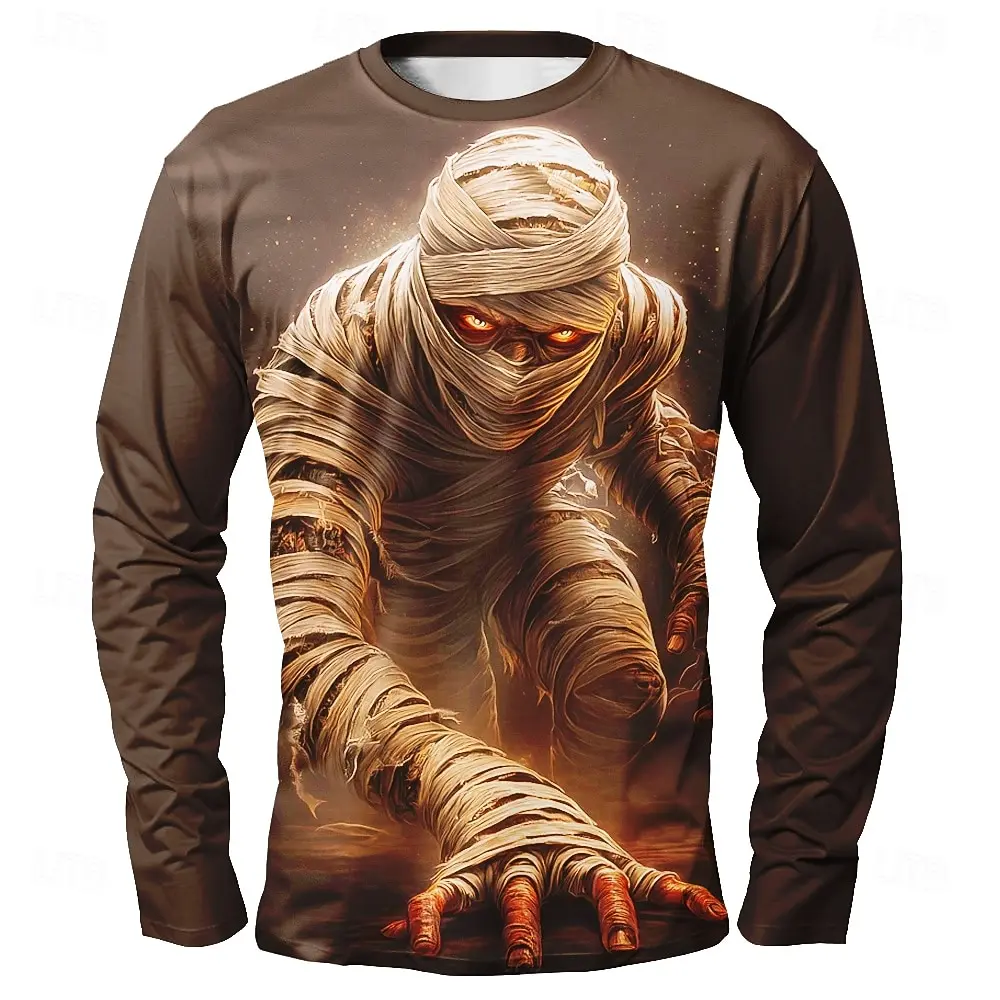 Men's 3D Halloween Mummy Horror Pattern Print Long Sleeve T-shirt Daily Versatile Round Neck Polyester Party Long Sleeve