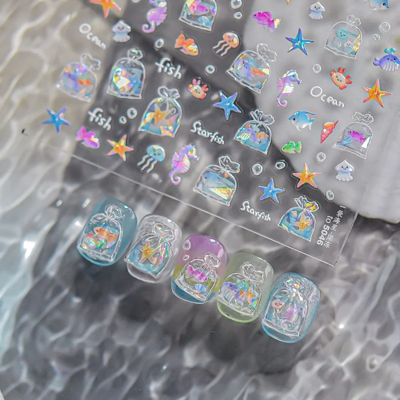 1 pièces mignon un sac d'autocollants de charme d'ongle d'étoile de mer 3D gelée océan poisson bulle adhésif autocollant d'ongle bricolage décorations d'art d'ongle d'été