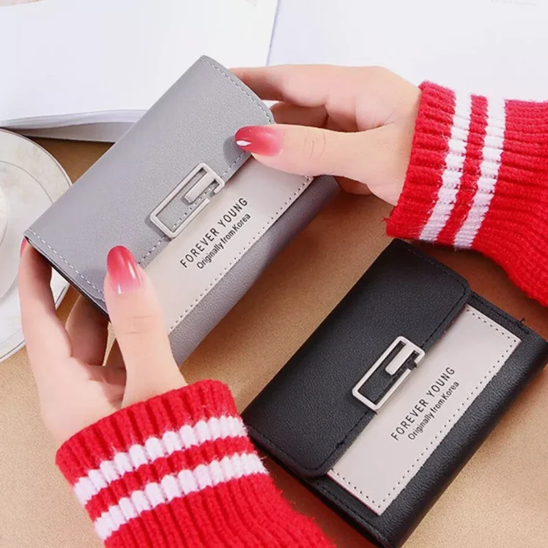 New Women's Color-Blocking Compact Tri-Fold Wallet Holder Purse with Premium Metal Snap Card bag