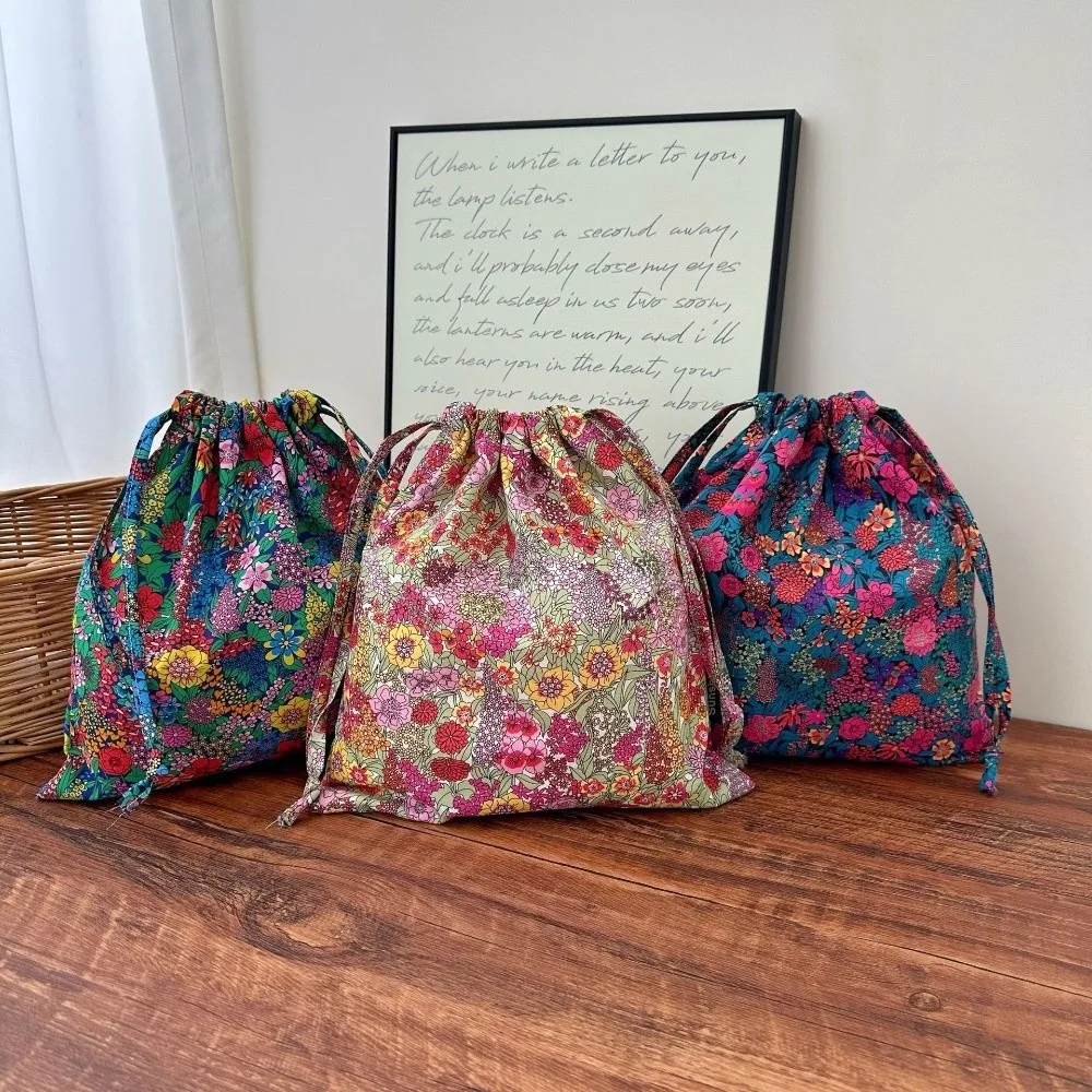 Floral Print Drawstring Storage Bag Bohemian Hanging Drawstring Bundle Pouch Portable Handbag Floral Drawstring Bag