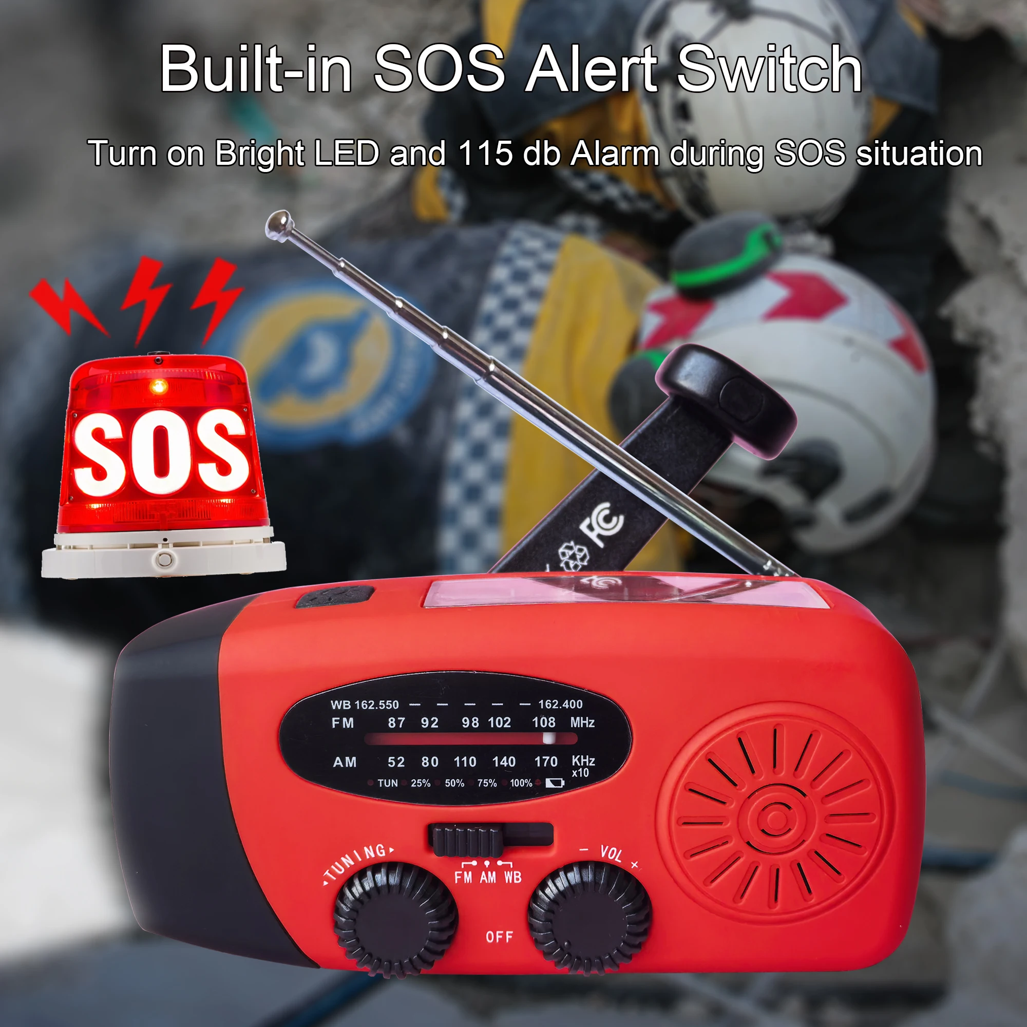 راديو كرنك اليد المحمول، راديو الطقس في حالات الطوارئ، يعمل بالطاقة الشمسية AM/FM NOAA، إنذار SOS، مصباح يدوي 2000 مللي أمبير في الساعة بنك طاقة قابل لإعادة الشحن #3