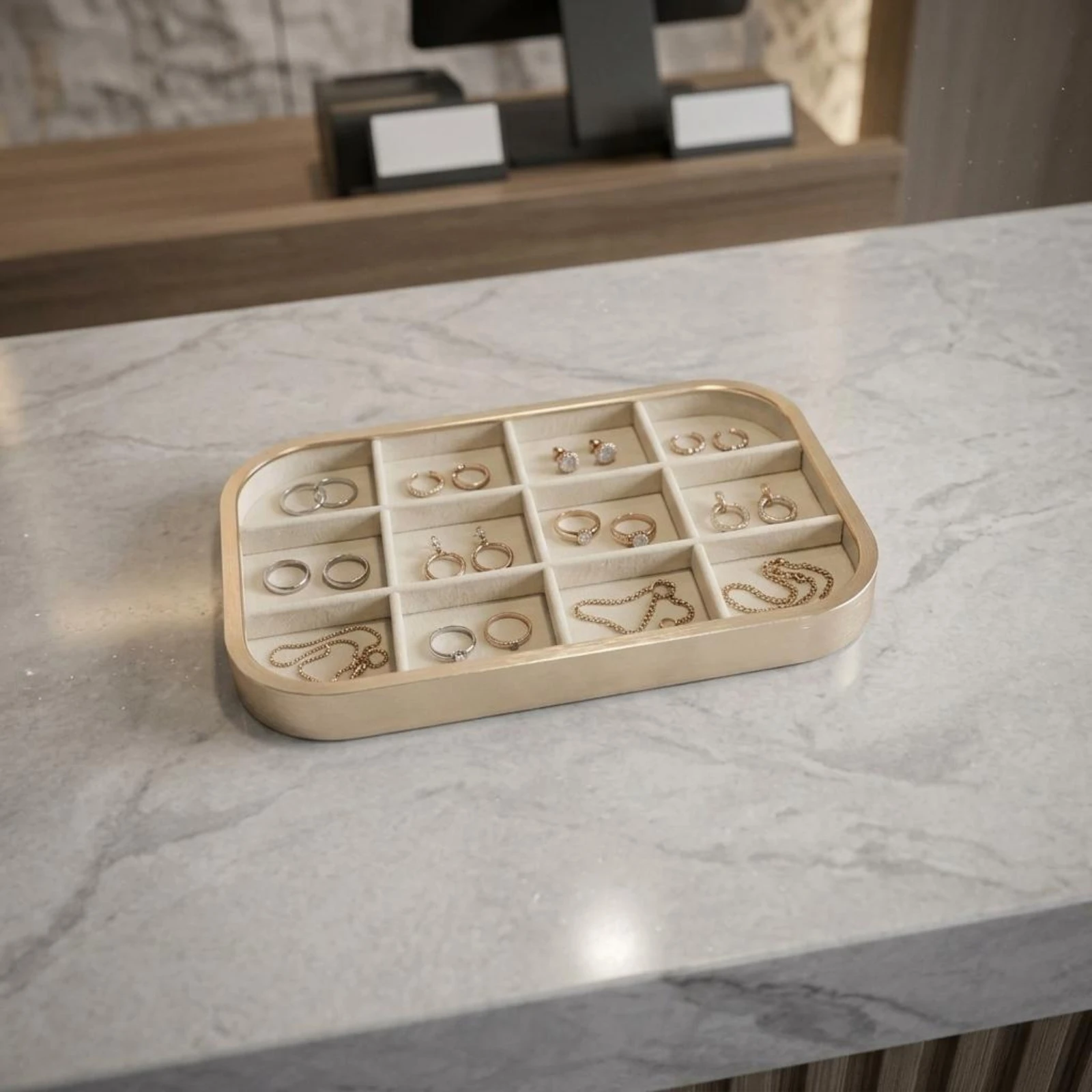 Rectangular Jewelry Tray Shallow Aluminum Jewelry Tray Accessory Storage Rounded Corners Framed Border