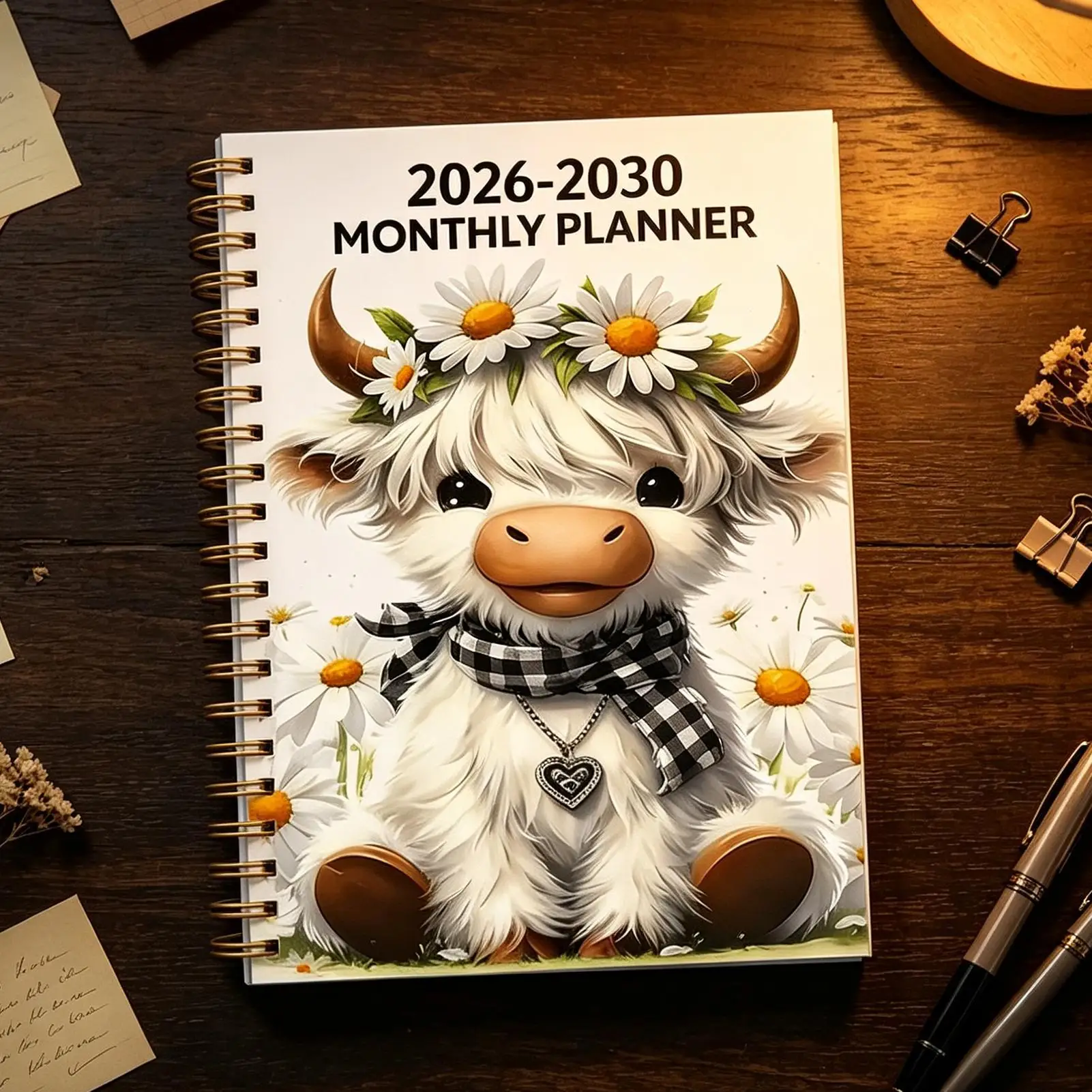 2026-2030 monthly Planner Portable Cute Cow Calendar Planner 21x14cm Spiral Notebook for Student Home Office Animal Lover Goal