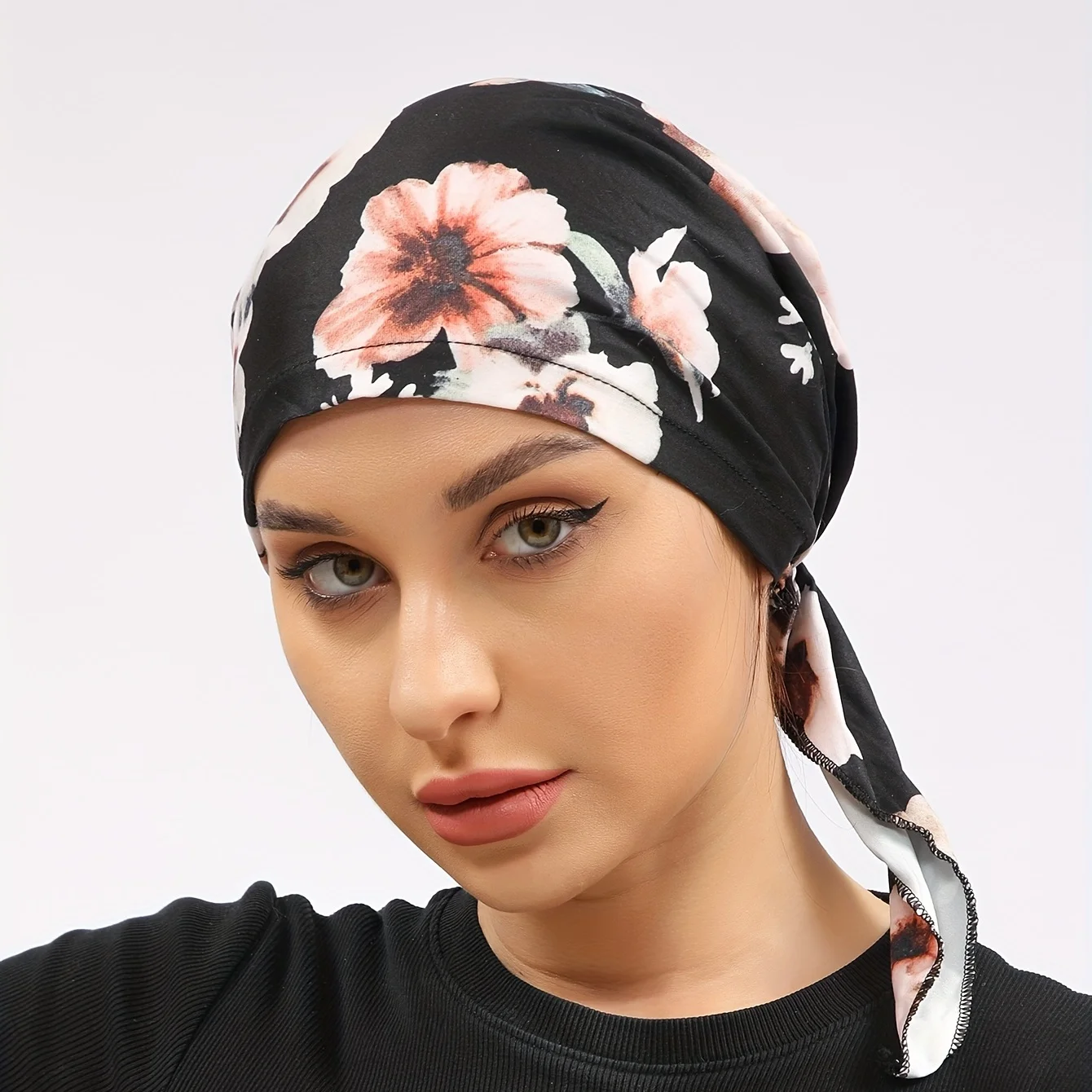 Womens Muslim Hijab Cancer Chemo Flower Black Print Hat Turban Cap Hair Loss Head Scarf Wrap Pre-Tied Headwear Strech Bandana