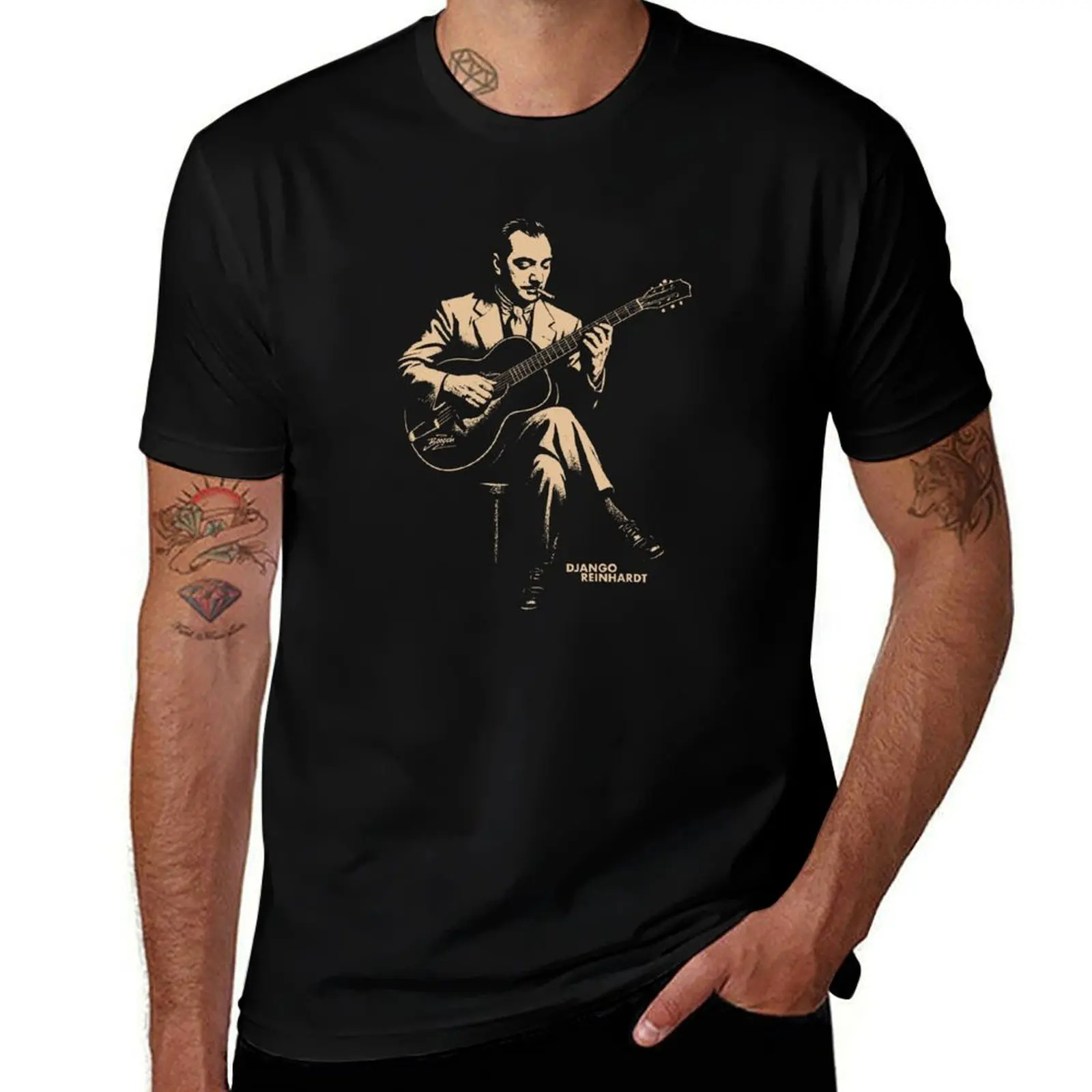 

Django Reinhardt Manouche Jazz Guitarist Illustration T-Shirt graphic shirts Aesthetic clothing for a boy funny t shirts for men