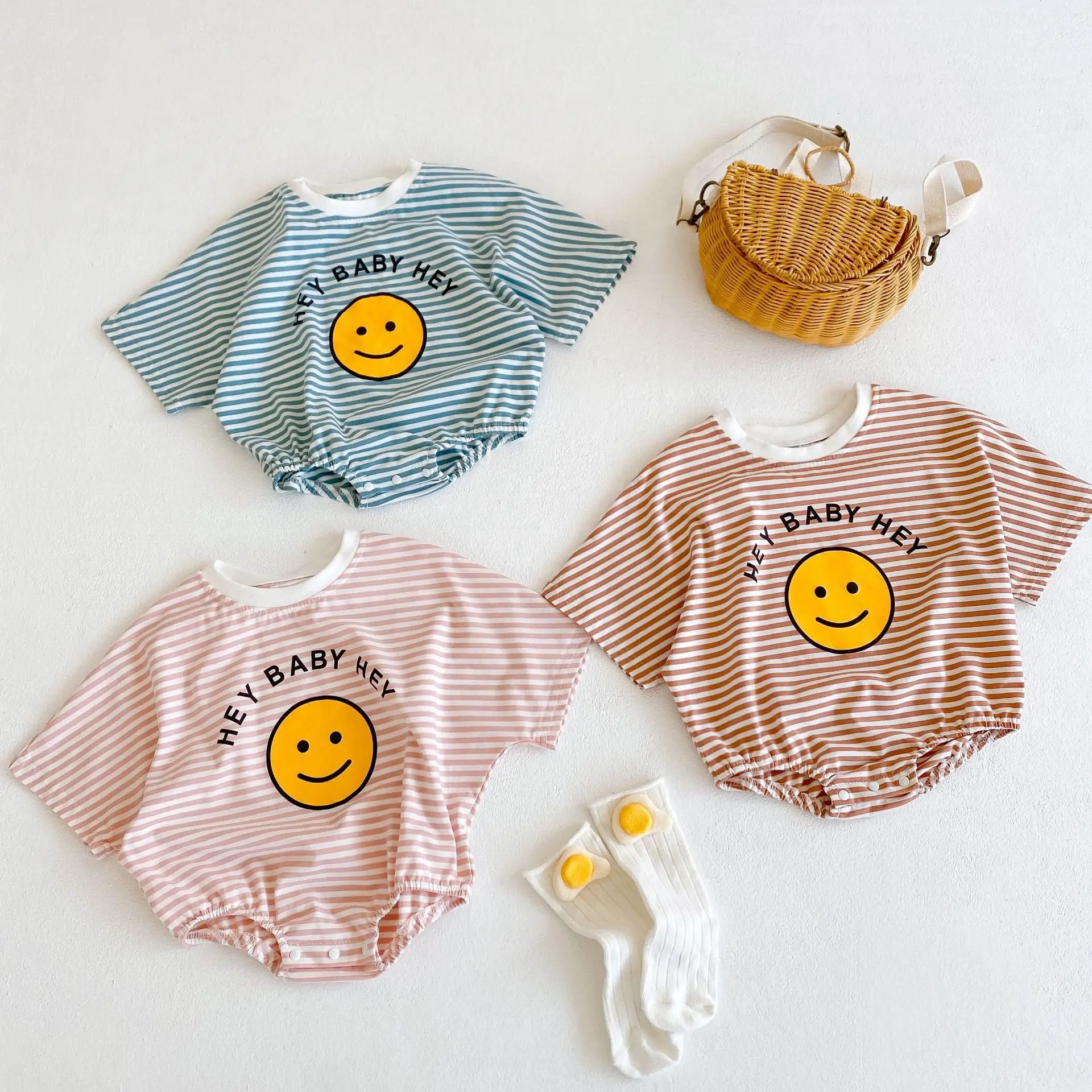 Summer Style Baby Girl Jumpsuit with Cotton Short Sleeves, Smiley Face Printed Stripes, and a Climbing Suit
