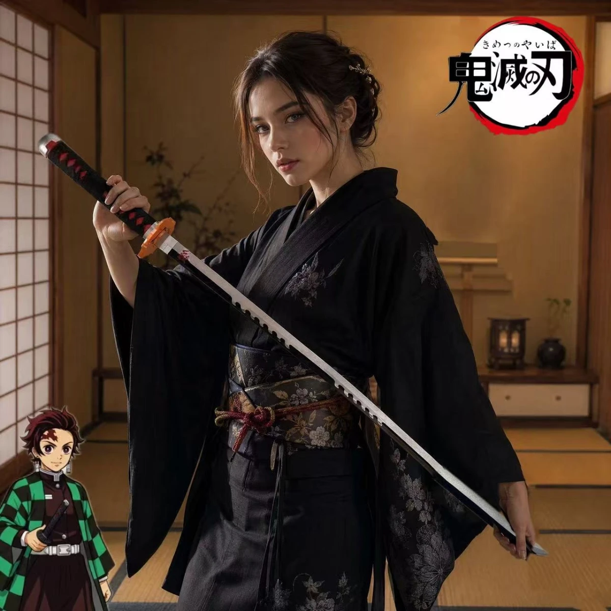 40.94Inch 104cm Demon Slayer Tanjiro Nichirin Sword Wooden Replica Anime Decor Collectible Display Party PhotoShoot Gift