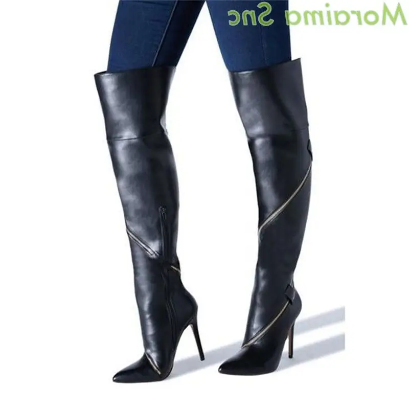 Moraima Snc Leather Striped Black Boots Side Zipper Pointed Toe Women Boots Knee High Thin High Heel New Autumn Winter Shoes