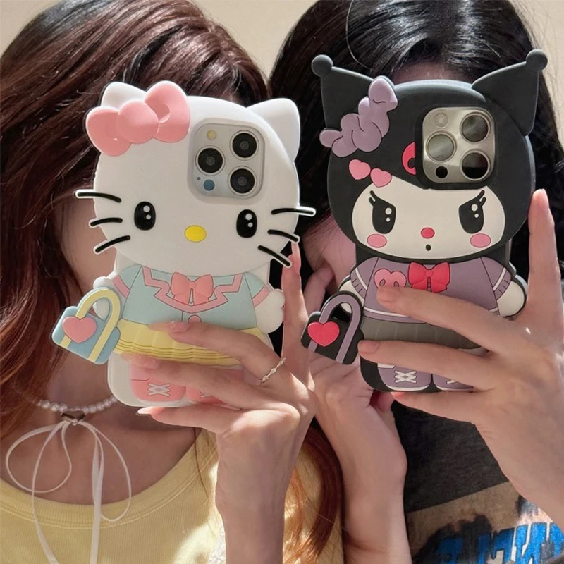 Torebka Sanrio Cute Hello Kitty Kuromi do iPhone'a 16 15 14 13 12 11 Pro Max Kawaii Y2K 3D Cartoon Silicone Soft Cover Case