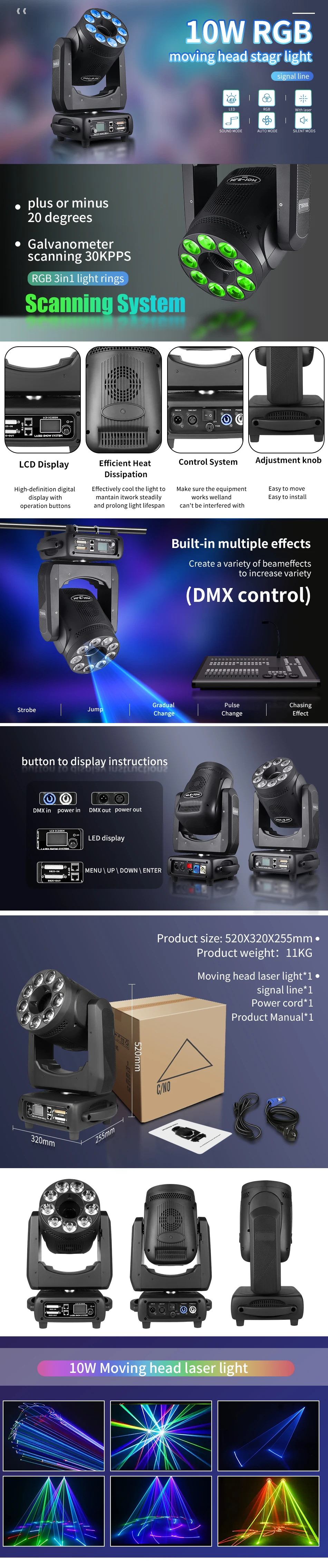 aicpose 10W RGB Vollfarb-Animations-Moving-Head-Laserlicht mit 9x20W RGBW 4in1 LED Wash für DJ Disco Bühne Bar – Detail 1