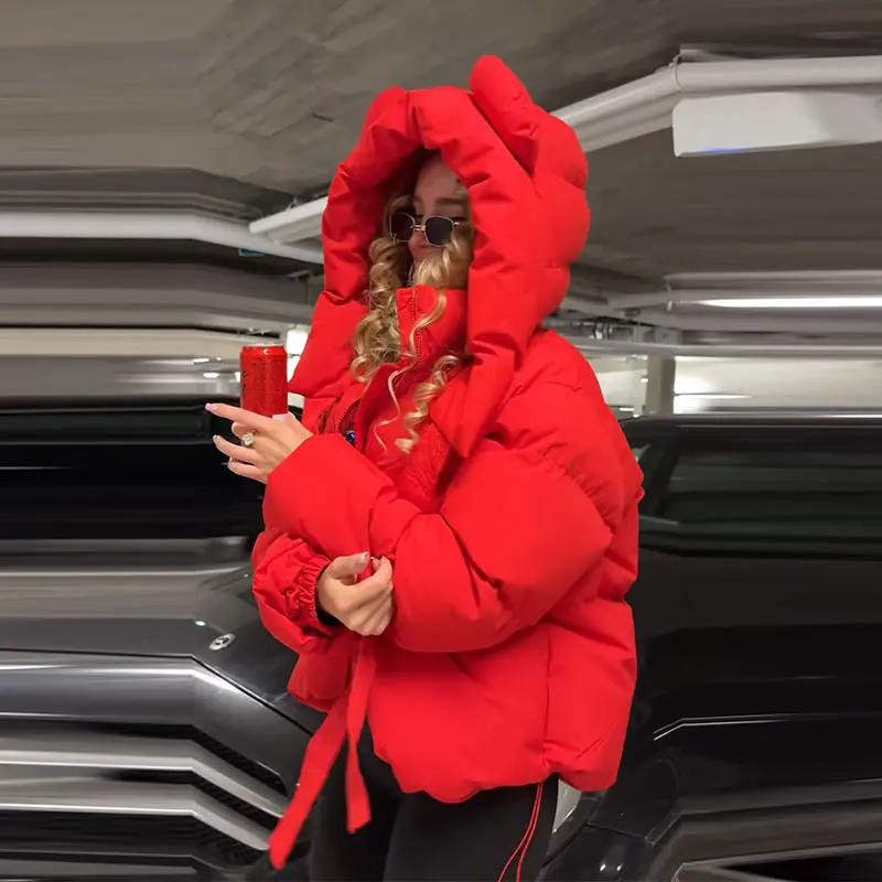 Modische Einfarbige Damen-Steppjacke mit Kapuze, Reißverschluss, Langen Ärmeln, Kurzer Schnitt, Locker Geschnitten, Schick, 2026 Herbst Winter Neue Streetwear für den Alltag – Detail 18