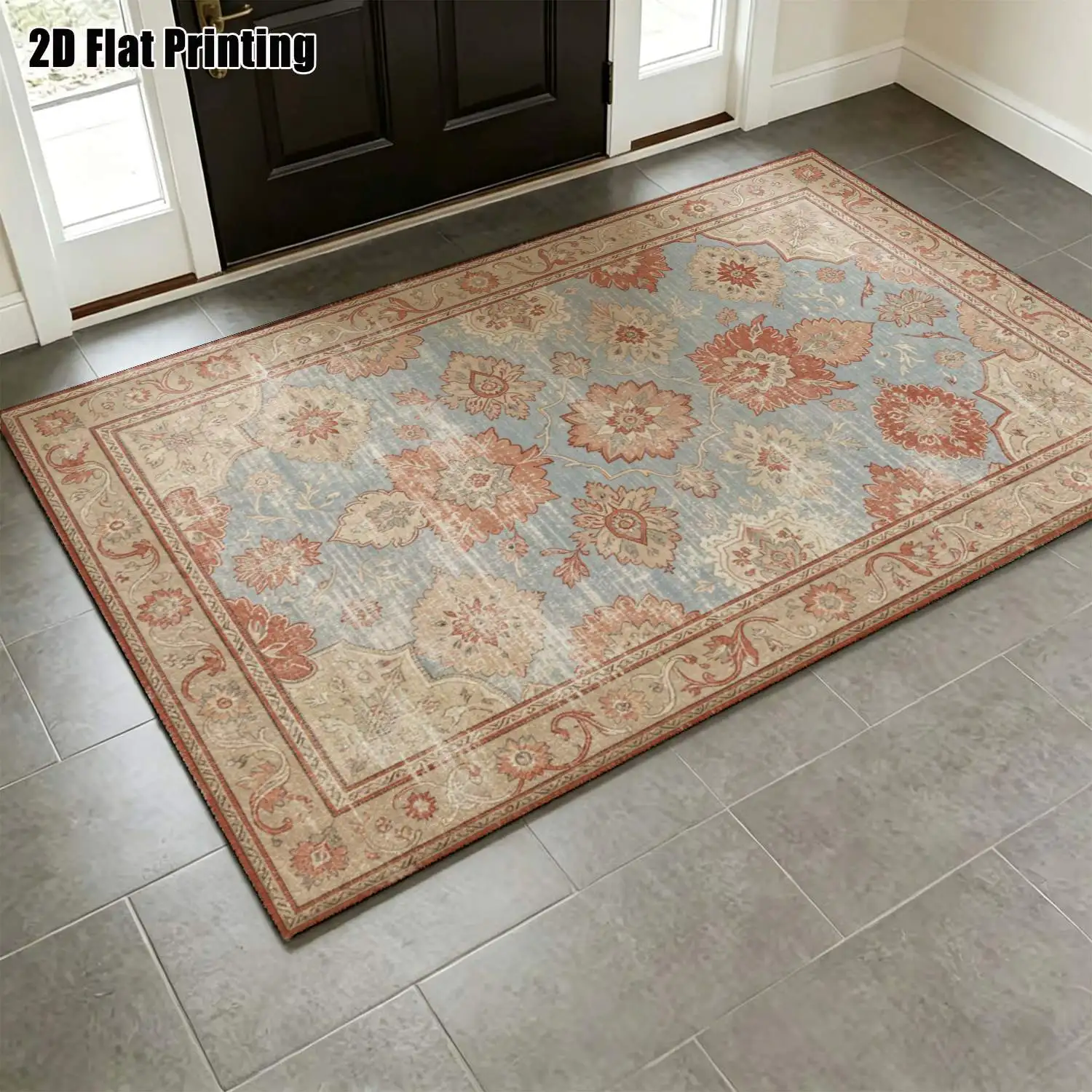 1Pc 2D Printed Carpet: Blue Base, Red-Brown Floral Pattern Vintage, European, Bohemian, Geometric. Home Decor, Multi-Size, Machine Washable. For Living Room, Bedroom, Dining Room, Entrance, Study.