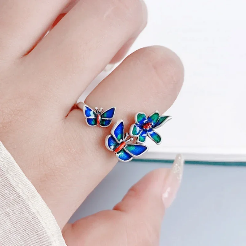 925 Silver Multicolor Enamel Blue Butterfly and Flower rings for women Classic Pastoral Style Small Ring Banquet Jewelry