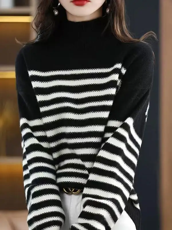 

Женский трикотаж больших размеров, осенне-зимний корейский свободный шерстяной свитер в полоску с узором, молодежный базовый слой, топ
