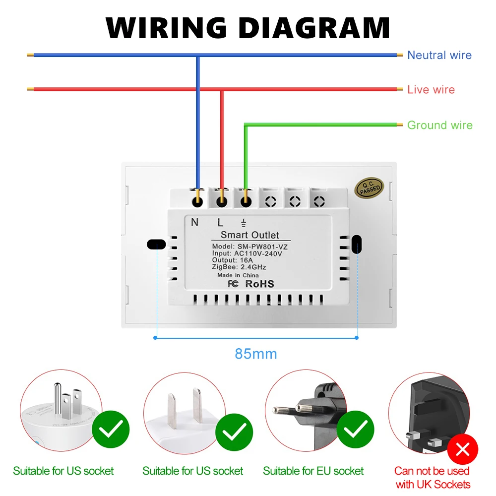 16A Tuya Zigbee US EU Smart Socket Plug Adapter In Wall Electrical Outlet On Off Voice Timer 110V 240V for Google Home Alexa