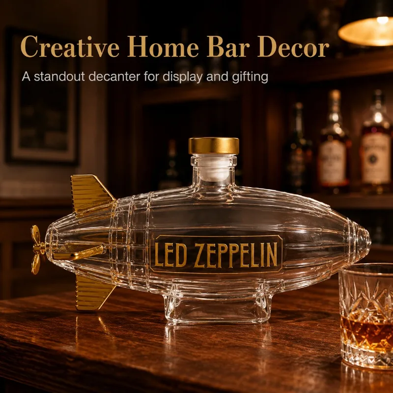 Led Zeppelin Zeppelin Shaped Glass Decanter Novelty Whiskey Liquor Bottle Gold Accent Music Fan Collection Gift