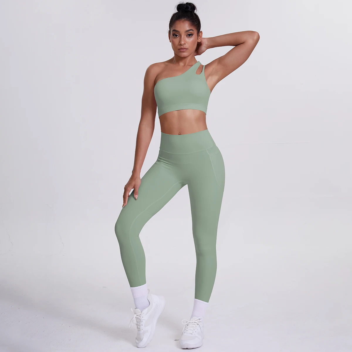 2-teiliges einfarbiges Sport-Yoga-Set für Damen, sexy, schräger Schulter-BH, Fitness-Top, Laufen, Radfahren, Taschen, Hosen, Fitnessstudio, Yoga-Set – Detail 19