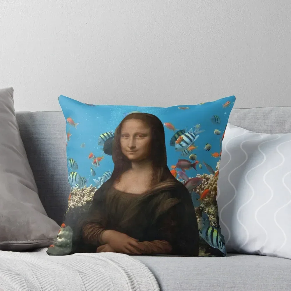 Funny Mona Lisa Aquarium Art with Funny Background African Stickers, Wall art, Mona Lisa at the Beach Leonardo da V Throw Pillow