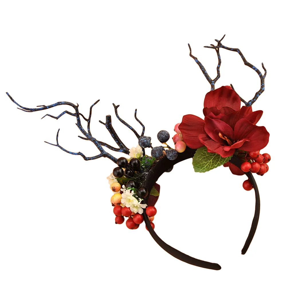 

1pc Deer Horn Hairband Branch Flowers Berries Design Party Photo Props Xmas Decoration Headdress For Women Festival