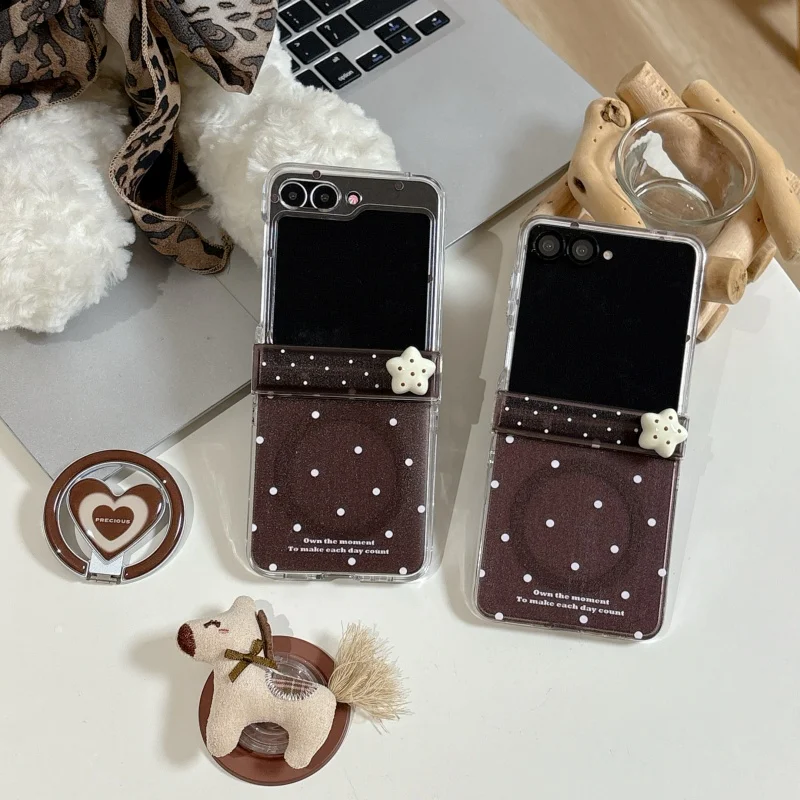 

Корейский коричневый магнитный чехол в горошек для Samsung Galaxy Z Flip 7 6 5 Z Flip6 Flip7, чехол с подставкой Magsafe, шарнирные чехлы