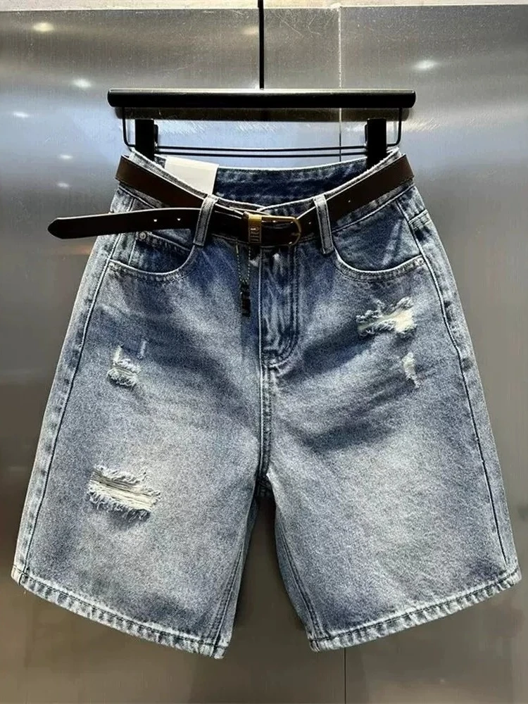 

Denim Shorts Five Point Ripped Straight Fit Women Summer Lightweight 2026 New Plus Size Curvy High Waist Slimming Flared Pants