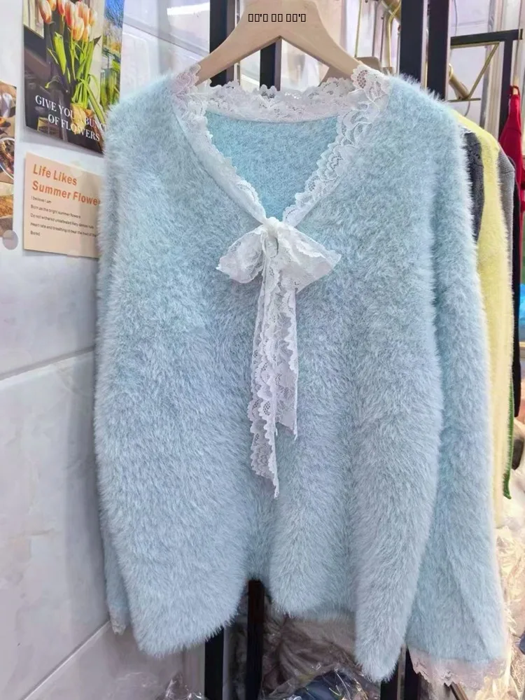 

Sweet Sle 2024 Winter Women's Soft Cozy Versatile Lace Splicing Mink Sweater V-Ne Pullover Top for Autumn And Winter