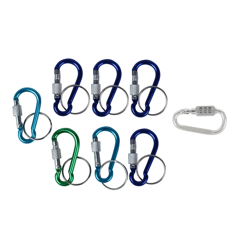 7 Pcs 5 Screw Lock Mini Multicolor Aluminum Carabiner Hook & 1X With Combination Padlock 3 Digits Numbers Padlock