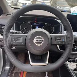 Black Artificial Leather Hand-stitched No-slip Car Steering Wheel Cover For Nissan Rogue Pathfinder Qashqai X-Trail 2021-2023