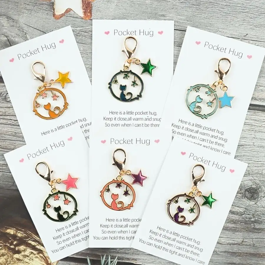 1/5/10/20/50/100pcs 2D Flat, /s 2D Cute Cat and Star Combination Keychain Set, Includes Free Pocket Hug Greeting Card, Gift for
