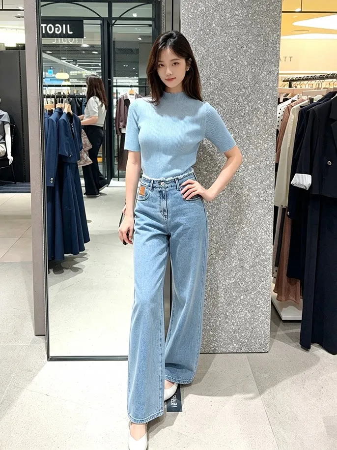 Selfwill High Waist Straight Leg Jeans Women's Fashion Autumn 2026 Slim Fit Elastic Sides Back Waist Leather Tag Washed Cotton