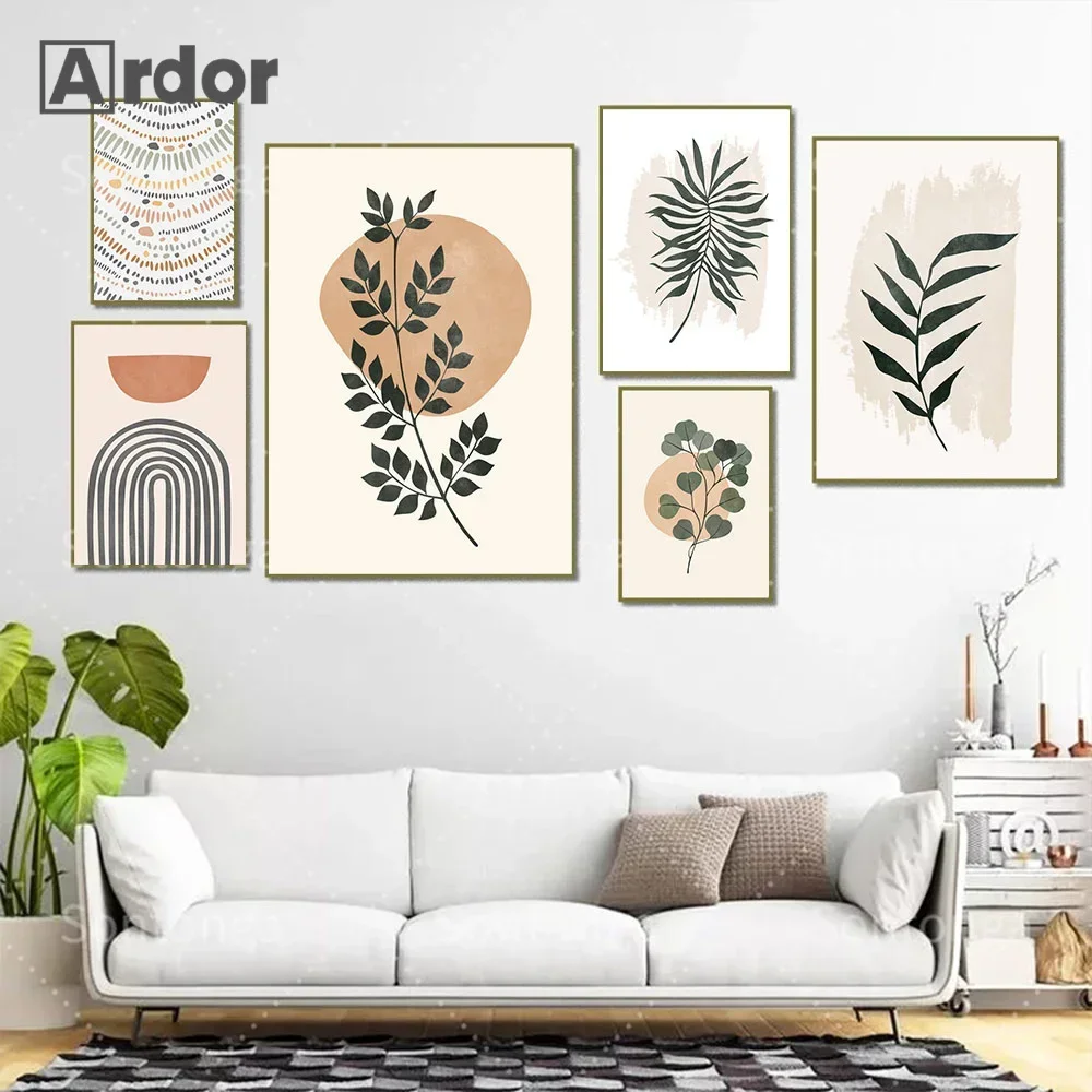 

Boho Abstract Leaf Wall Art Canvas Painting Mid Century Rainbow Sun Posters and Prints Nordic Wall Pictures Living Room Decor