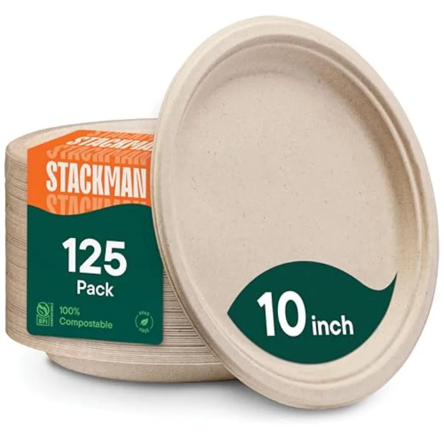 

Paper Plates, 100% Compostable Heavy Duty Disposable 10 Inch Plate - [125-Pack] Eco-Friendly, Biodegradable Bagasse - PFAS-Free