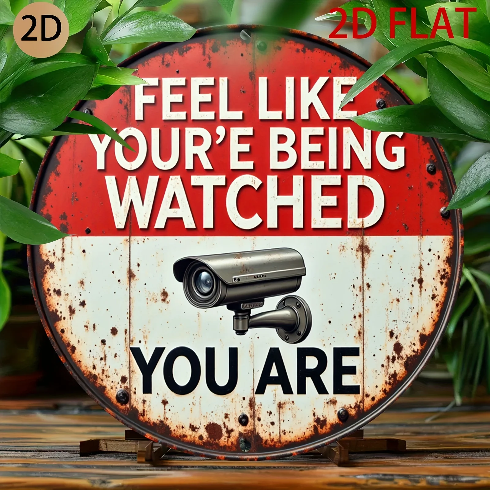 2D Flat - A Vintage-Style Round Metal Sign Featuring a Surveillance Camera Image And The Phrase 'FEEL LIKE YOU'RE BEING WATCHED?