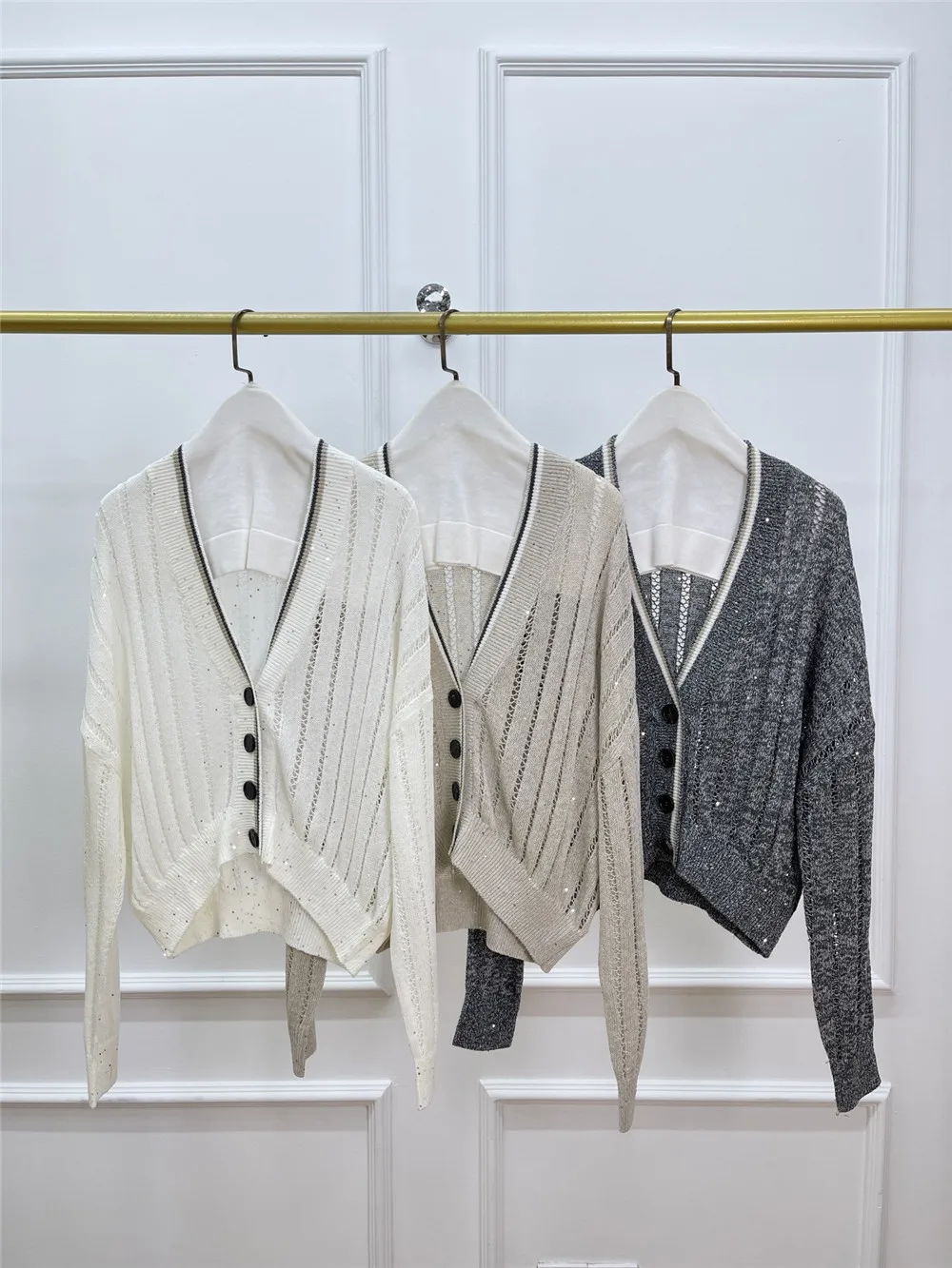 

2025 Spring Summer Women's Cardigan Sweater Hollow Sequined V-neck Long-Sleeved Knitted Top