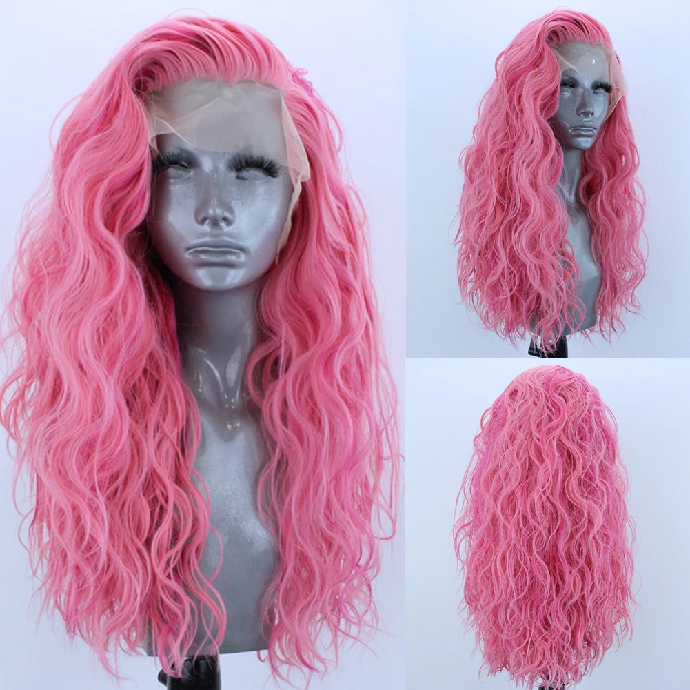 Long Hair Pink Wigs Natural Wavy Synthetic Lace Front Wig For Women Side Part Heat Resistant Fiber Glueless Cosplay Party Wigs