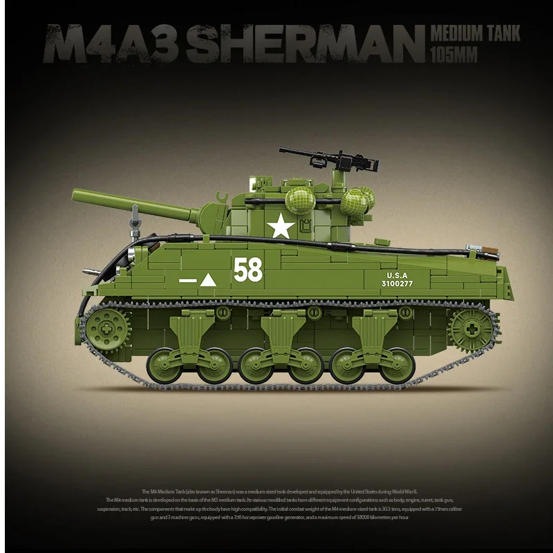 

M4A3 Sherman Medium Tank Children's Assembled Hands on Military Building Blocks Toy