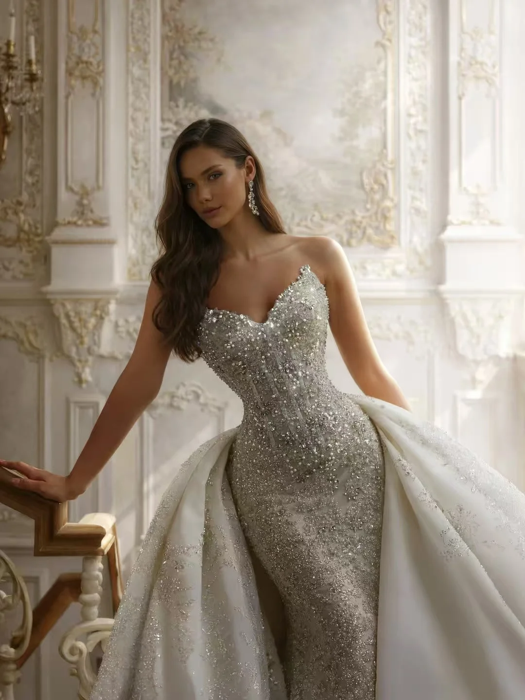 Luxury Sparkly Crystal Beaded Mermaid Wedding Gown Detachable Satin Overskirt Chapel Train Sweetheart Bridal Dress
