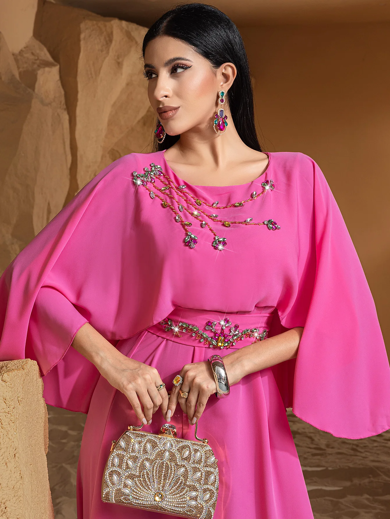 2025 Moda Dubai Diamanti Abaya Caftano Donna Musulmana Manica a mantella Maxi abito Eid Ramadan Jalabiya Abito da sera per feste Femme
